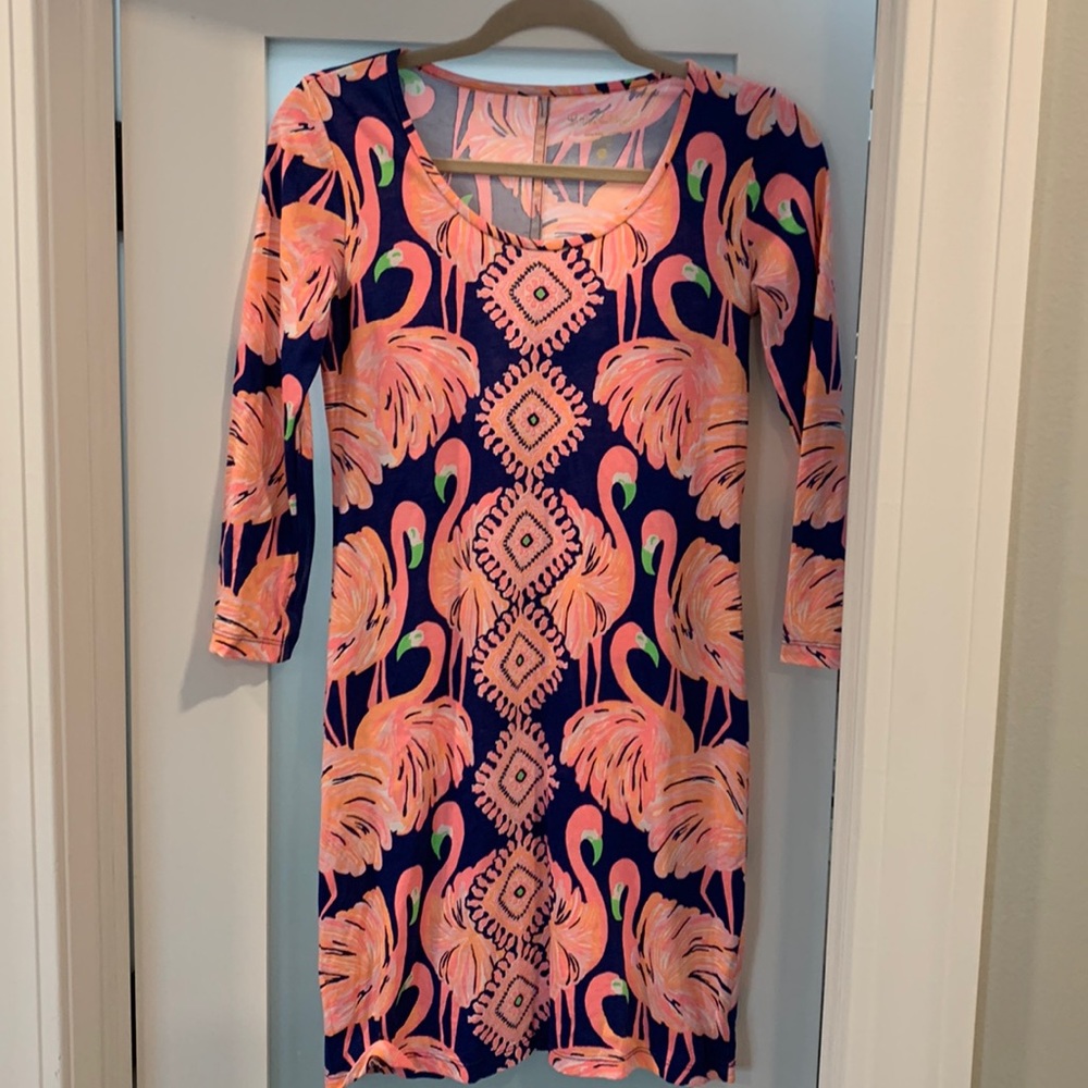 Lilly Pulitzer Beacon Pink Flamingo Long Sleeve Shift Dress, Sizer XS.